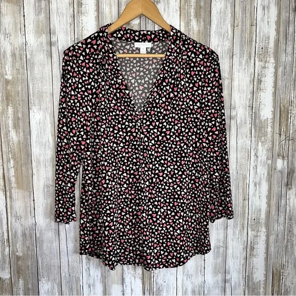 Charter Club Heart Print Blouse XLP Plus Size Black Pink V Neck 3/4 Sleeve Top - Picture 2 of 6